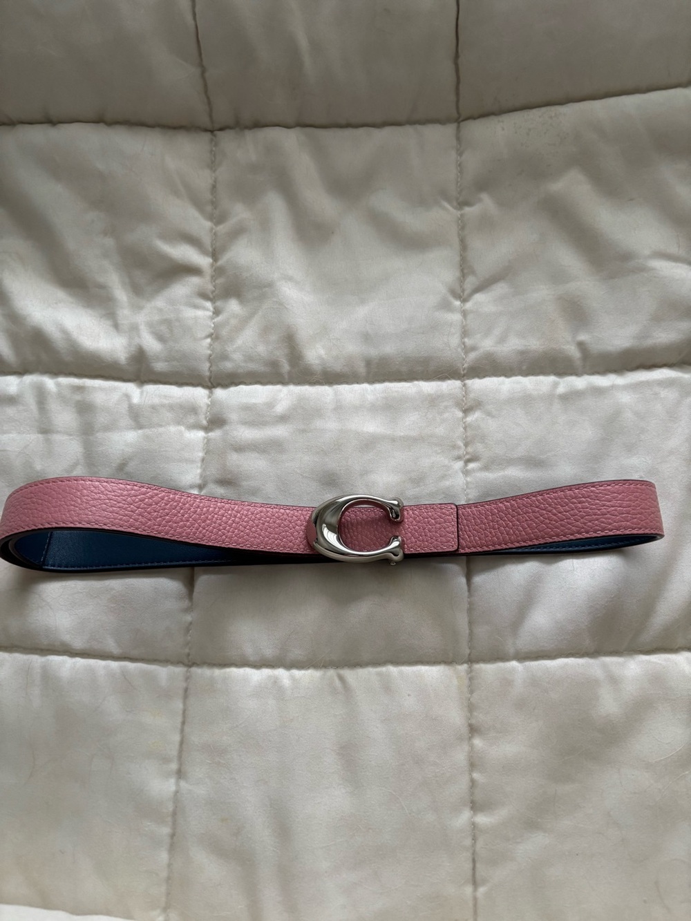 Coach Belt Reversible Leather 
Pink/Blue with Silver Sculpted C Buckle